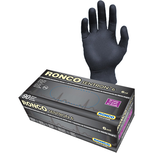 Gants d'examen jetables Sentron 6, 2T-Grand, Nitrile, 6 mils, Sans poudre, Noir, Classe 2 Sécurité Médic