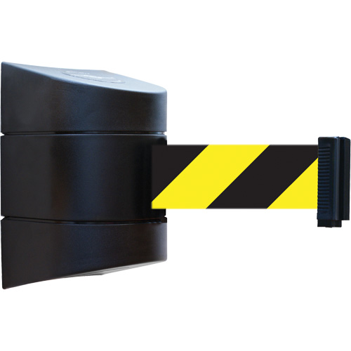 Tensabarrier&reg; Wall Unit, Steel, Screw Mount, 30', Black and Yellow Tape Sécurité Médic