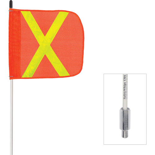Fanion &agrave; tige en fibre de verre non aliment&eacute; Safety Whip, Fixation Filet&eacute;, Hauteur 6', Orange avec X r&eacute;fl&eacute;chissant Sécurité Médic
