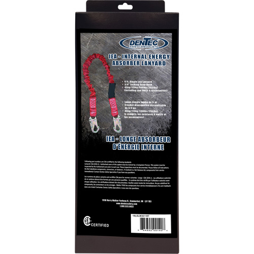 Longe amortisseuse interne ShockSorb, 6', Point d'ancrage &agrave; Crochet mousqueton, Crochet mousqueton aux jambes, Polyester Sécurité Médic