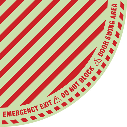 "Emergency Exit" Quarter Circle Swing Door Floor Sign, Adhesive, English with Pictogram Sécurité Médic