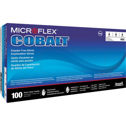 Gants d'examen d'usage multiple Microflex Cobalt N19, T-petit, Nitrile, 3,9 mils, Sans poudre, Bleu, Classe 2 Sécurité Médic