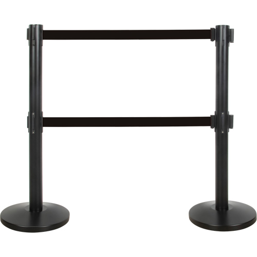 Barri&egrave;re pour le contr&ocirc;le des foules &agrave; courroie double, Acier, 35" h, Ruban Noir, Longueur du ruban 7' Sécurité Médic