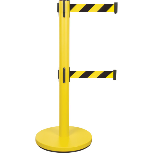 Dual Belt Crowd Control Barrier, Steel, 35" H, Black/Yellow Tape, 7' Tape Length Sécurité Médic