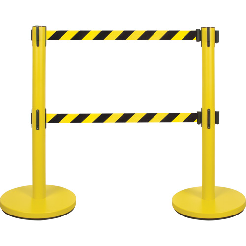 Dual Belt Crowd Control Barrier, Steel, 35" H, Black/Yellow Tape, 7' Tape Length Sécurité Médic