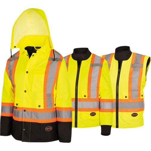 5021BBW Manteau 7 en 1 imperm&eacute;able pour femmes avec capuchon, Polyester/Polyur&eacute;thane, Jaune lime haute visibilit&eacute;, T-petit Sécurité Médic