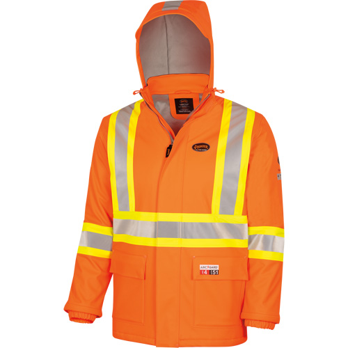 5884 Manteau imperm&eacute;able ignifuge et r&eacute;sistant aux arcs &eacute;lectriques avec capuchon Flash-Gard, Petit, Orange haute visibilit&eacute;, 51 cal/cm² Sécurité Médic