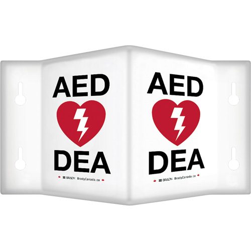 90° Projecting "AED/DEA" Sign, 6" x 5", Plastic, Bilingual with Pictogram Sécurité Médic