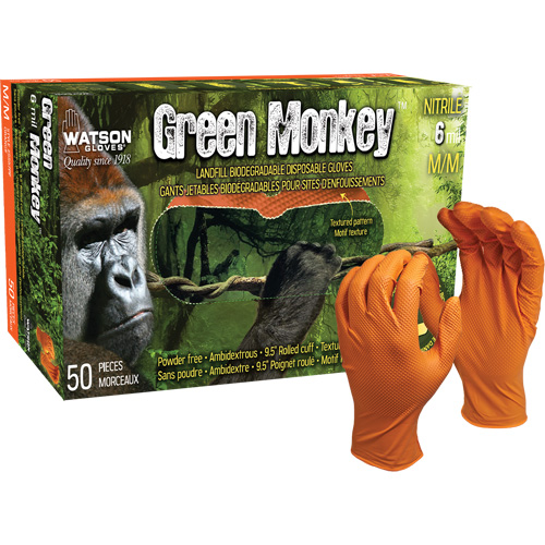 Gants jetables GreenMonkey, Petit, Nitrile, 6 mils, Sans poudre, Orange Sécurité Médic