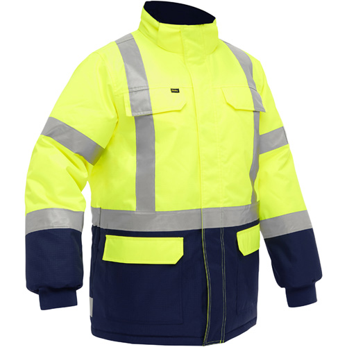 Manteau pour le froid extr&ecirc;me avec bas bleu marin et X au dos Bisley, Polyester, Jaune lime haute visibilit&eacute;, Petit Sécurité Médic