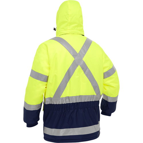 Manteau pour le froid extr&ecirc;me avec bas bleu marin et X au dos Bisley, Polyester, Jaune lime haute visibilit&eacute;, Petit Sécurité Médic