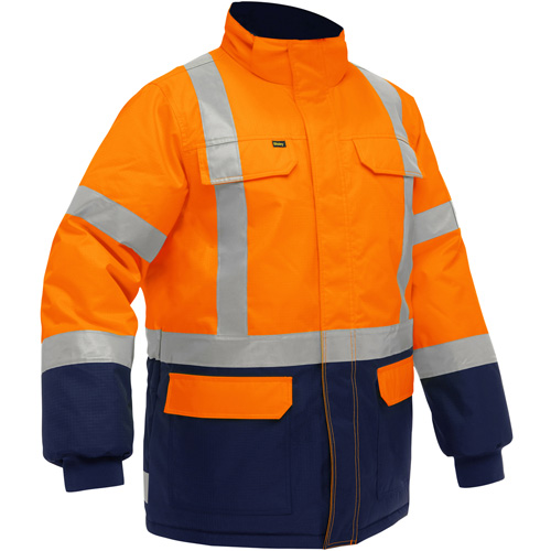 Manteau pour le froid extr&ecirc;me avec bas bleu marin et X au dos Bisley, Polyester, Orange haute visibilit&eacute;, 4T-Grand Sécurité Médic
