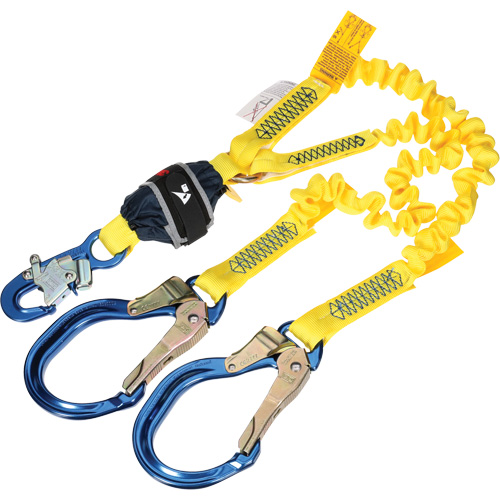 Twin-Leg Stretch Web Shock-Absorbing Lanyard, 6', Rebar Hook Center, Snap Hook Leg Ends Sécurité Médic