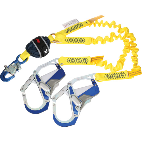Twin-Leg Stretch Web Shock-Absorbing Lanyard, 6', Rebar Hook Center, Snap Hook Leg Ends Sécurité Médic