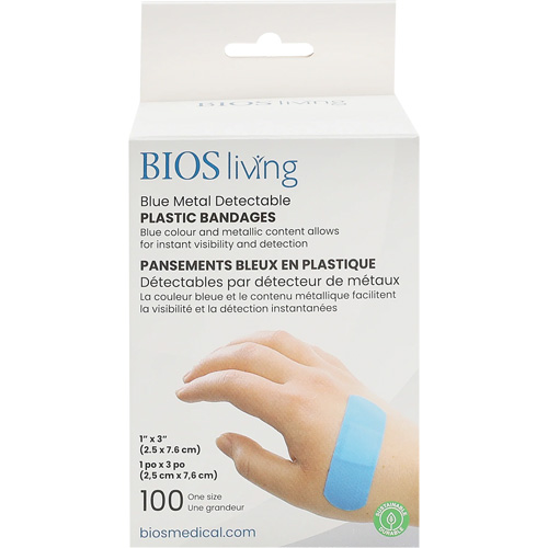 Blue Water-Resistant Bandages, Rectangular/Square, 3", Plastic Metal Detectable, Sterile Sécurité Médic