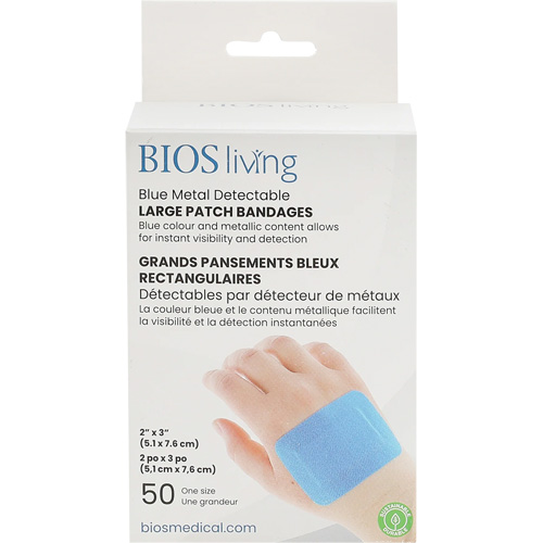 Grands bandages renforc&eacute;s bleus, Rectangulaire/carr&eacute;e, 3", Tissu d&eacute;tectable, St&eacute;rile Sécurité Médic
