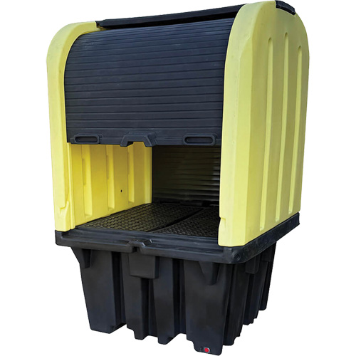 Yellow Roll Top Hardcover Spill Pallet with Drain, 65" L x 65" W x 101" H, 5000 lbs. Load Capacity Sécurité Médic