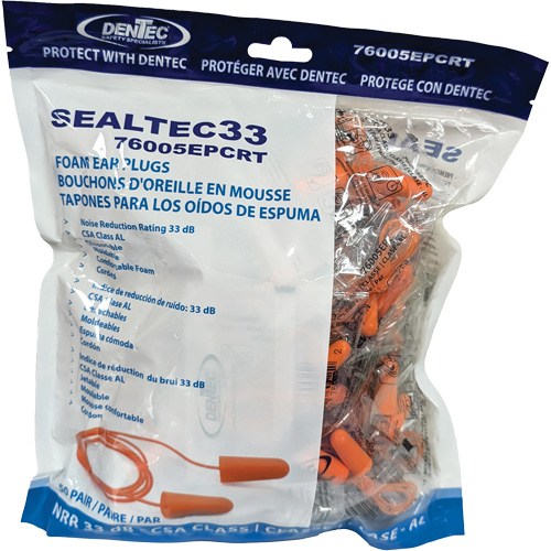 SEALTEC33 Orange Tapered PU Foam Disposable Earplugs, Bulk - Polybag, Corded Sécurité Médic