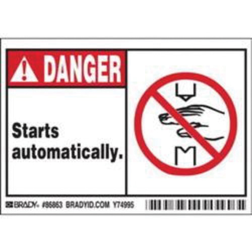"Danger Starts Automatically" Sign, 3-1/2" x 5", Polyester, English with Pictogram Sécurité Médic