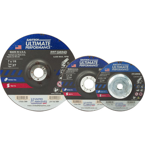 Saitech Ultimate Performance Grinding Wheel, 5" x 1/4", 7/8" Arbor, Aluminum Oxide/Ceramic, Type 27 Sécurité Médic