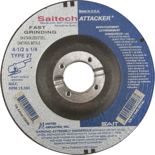 Meule rapide Saitech Attacker, 4-1/2" x 1/4", Arbre 7/8", Oxyde d'aluminium/C&eacute;ramique, Type 27 Sécurité Médic