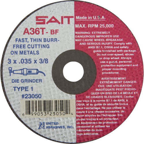 Cut-Off Wheel (A36T), 3" x 0.035", 3/8" Arbor, Type 27, Aluminum Oxide, 25000 RPM Sécurité Médic