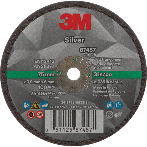 Silver Cut-Off Wheel, 3" x 0.04", 1/4"-28 Arbor, Type 1, Ceramic, 25645 RPM Sécurité Médic