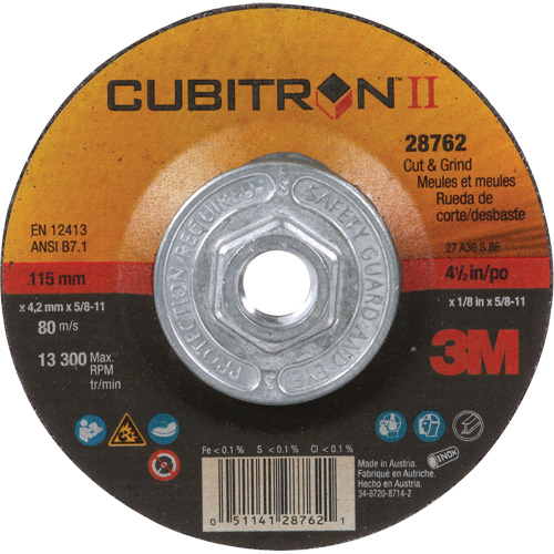 Disque de coupe et de meulage &agrave; changement rapide Cubitron II, 4-1/2" x 1/8", Arbre de 5/8"-11, Type 27, C&eacute;ramique Sécurité Médic
