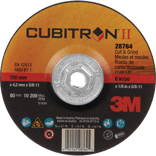 Disque de coupe et de meulage &agrave; changement rapide Cubitron II, 6" x 1/8", Arbre de 5/8"-11, Type 27, C&eacute;ramique Sécurité Médic