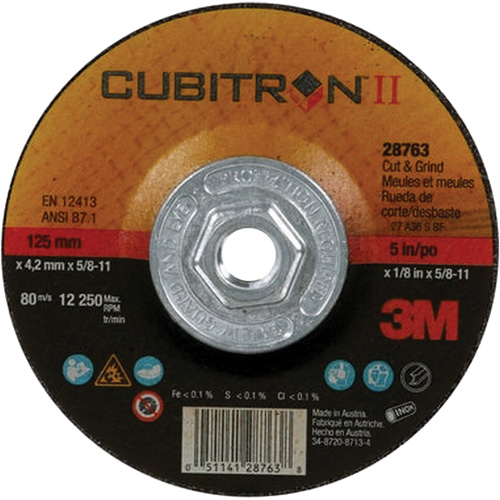 Disque de coupe et de meulage &agrave; changement rapide Cubitron II, 5" x 1/8", Arbre de 5/8"-11, Type 27, C&eacute;ramique Sécurité Médic