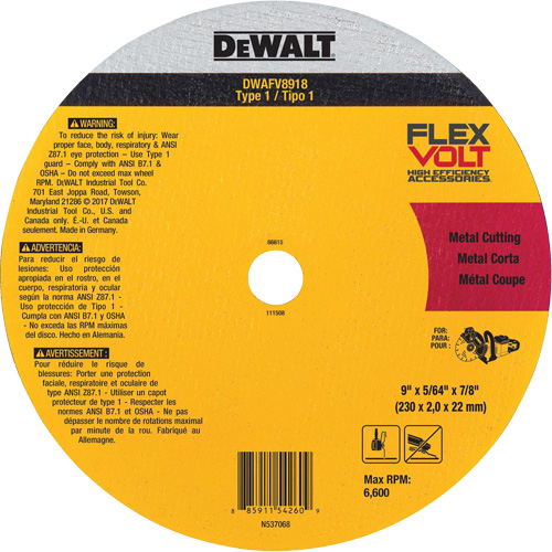 Meule de tronçonnage des m&eacute;taux FlexVolt, 9-1/16" x 0,078", Arbre 22,23 mm, C&eacute;ramique, Type 1 Sécurité Médic