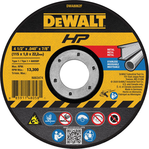 Meule de tronçonnage des m&eacute;taux HP, 4-1/2" x 0,04", Arbre de 7/8", Type 1, Oxyde d'aluminium, 13 300 Tr/min Sécurité Médic