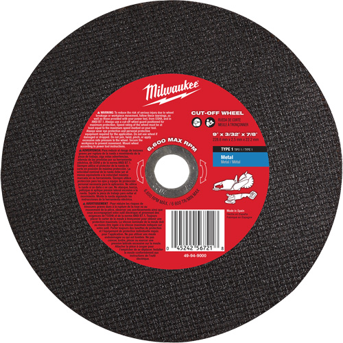 Cut-Off Wheel, 9" x 3/32", 7/8" Arbor, Type 1, 6600 RPM Sécurité Médic