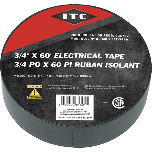 IET-3460 Ruban isolant, Ruban &eacute;lectrique, Rubans isolant, 19 mm (3/4") x 18,28 m (60'), Noir Sécurité Médic