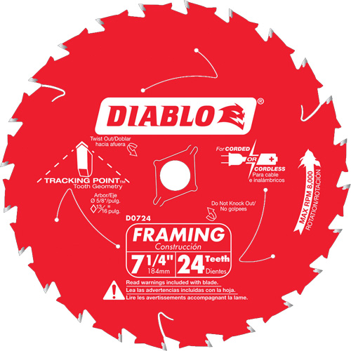 Framing Saw Blade, 7-1/4", 24 Teeth, Wood Use Sécurité Médic