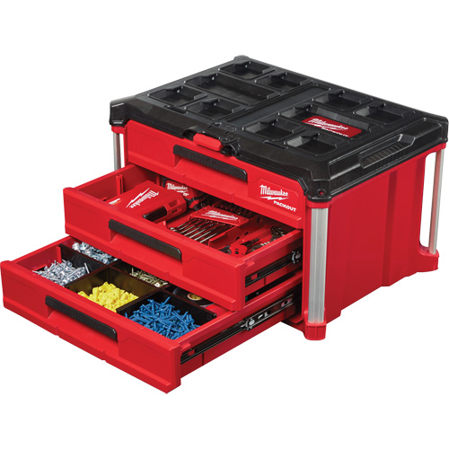 Boîte &agrave; outils avec 3 tiroirs Packout, 16-1/3" x 14-1/3" x 22-1/5", Noir/Rouge Sécurité Médic