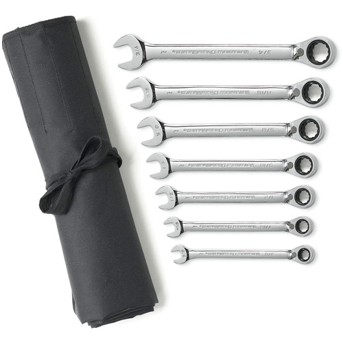 72-Tooth 12 Point Reversible Ratcheting SAE Wrench Set with Tool Roll, Combination, 7 Pieces, Imperial Sécurité Médic
