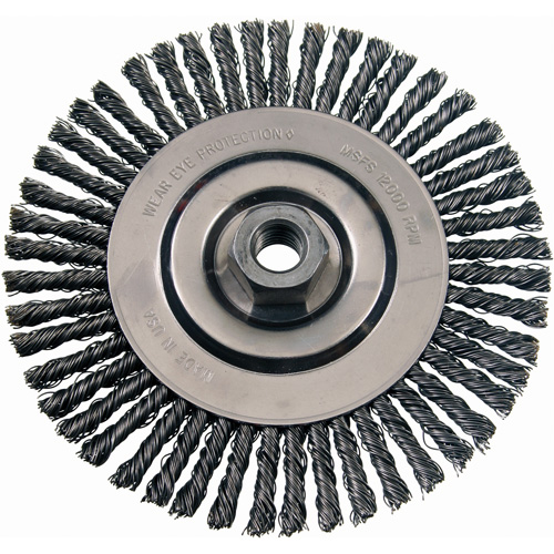 Brosses m&eacute;talliques &agrave; touret, Dia. 4-7/8", Fils 0,02", Arbre 5/8"-11, Acier inoxydable Sécurité Médic