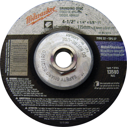 Grinding Wheel, 4-1/2" x 1/4", 5/8"-11 Arbor, Aluminum Oxide, Type 27 Sécurité Médic