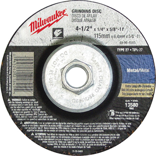 Grinding Wheel, 4-1/2" x 1/8", 5/8"-11 Arbor, Aluminum Oxide, Type 27 Sécurité Médic
