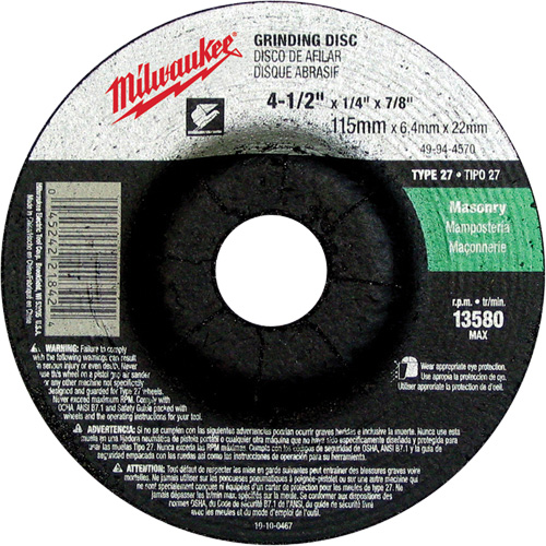 Grinding Wheel, 4-1/2" x 1/4", 7/8" Arbor, Silicon Carbide, Type 27 Sécurité Médic