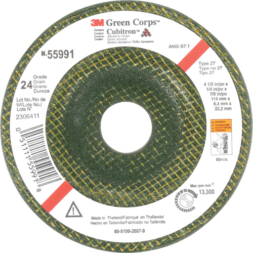 Green Corps Depressed Centre Wheel, 4-1/2" x 1/4", 7/8" Arbor, Ceramic, Type 27 Sécurité Médic