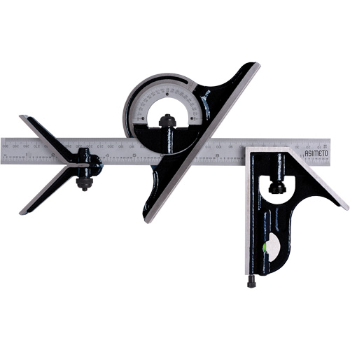 Combination Square Set with E/M Rule, 4 pcs., 1/64"/0.5 mm Graduations, Steel, Plain Sécurité Médic