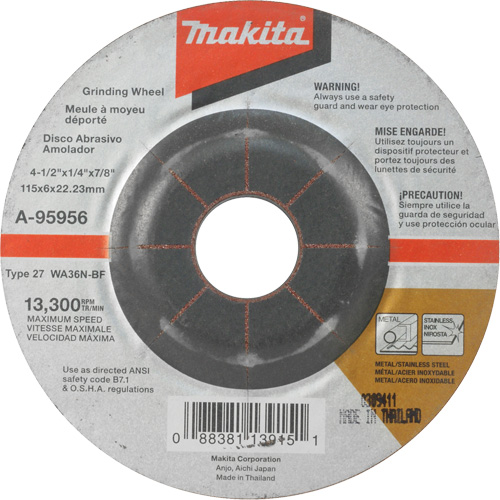 INOX Grinding Wheel, 4-1/2" x 1/4", 7/8" Arbor, Aluminum Oxide, Type 27 Sécurité Médic