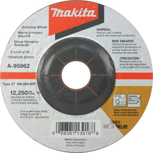 INOX Grinding Wheel, 5" x 1/4", 7/8" Arbor, Aluminum Oxide, Type 27 Sécurité Médic