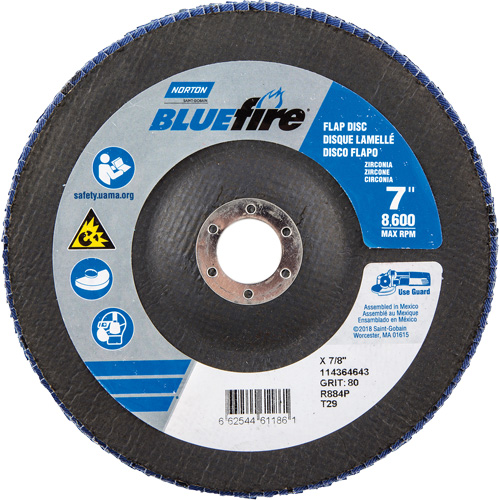Disque &agrave; lamelles &agrave; grain grossier BlueFire, 7" x 7/8", Type 27, Grain 80, Alumine de zirconium Sécurité Médic