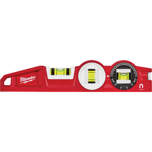 Die Cast Torpedo Level with 360 Degree Locking Vial, 10" L, Aluminum, 3 Vials, Magnetic Sécurité Médic
