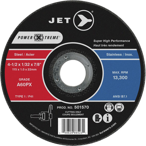 Meule &agrave; tronçonner Power-Xtreme A46PX, 4-1/2" x 1/16", Arbre de 7/8", Type 1, 13 300 Tr/min Sécurité Médic