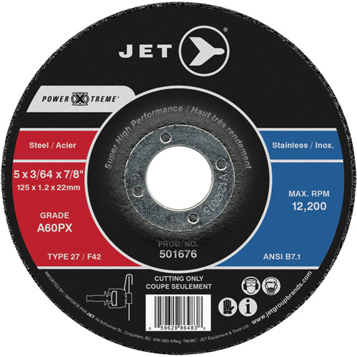 Meule &agrave; tronçonner Power-Xtreme A60PX, 5" x 3/64", Arbre de 7/8", Type 27, 12 200 Tr/min Sécurité Médic