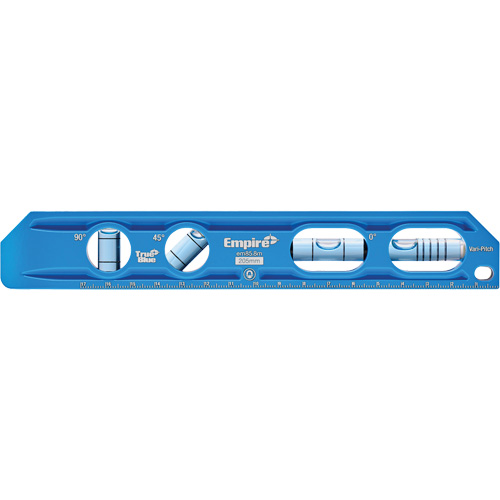 Niveau torpille moul&eacute; sous pression TRUE BLUE, 8" lo, Aluminium, 4 fioles, Magn&eacute;tique Sécurité Médic